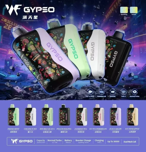 GYPSO 滿天星 30000口拋棄式電子煙｜18ml巨量油艙，支援 Normal/Turbo 雙功率與 Type-C充電