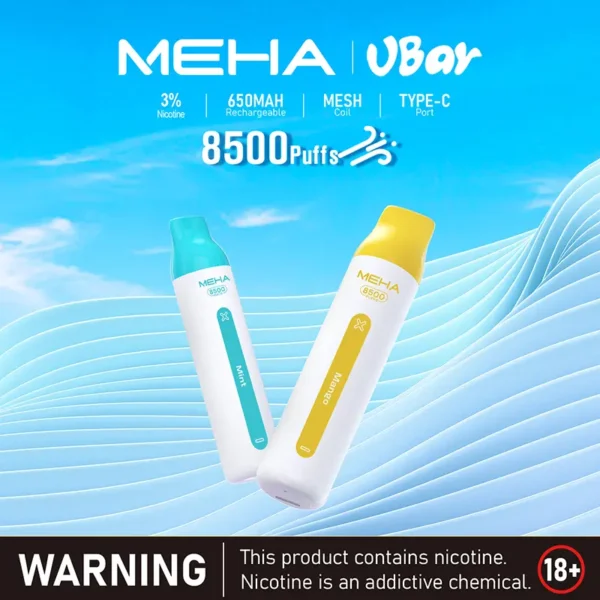 MEHA VBar 魅嗨 小白條 8500口 拋棄式電子煙｜具備 3% 尼古丁鹽黃金配方與冰爽水果系列清涼口感，採用 8500 口大容量規格，搭配 650mAh 大電量可充電設計