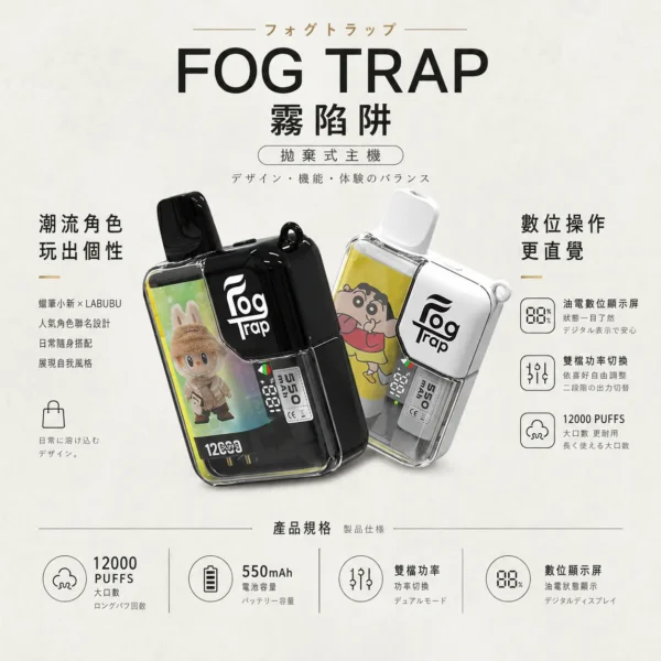 【買十送一】Fog Trap 限量聯名 蠟筆小新 × LABUBU 12000口拋棄式電子煙｜配備油電數位顯示屏，支援雙檔功率切換