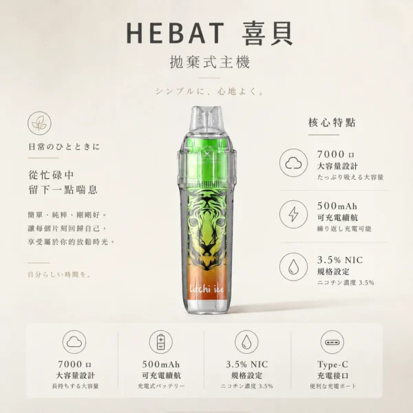 Hebat 喜貝 BOOM 7000口 拋棄式電子煙｜具備 14ml 巨量油倉與 500mAh 可充電續航，採用 3.5% 尼古丁鹽完美比例擊喉感炸裂，提供細膩霧化體驗