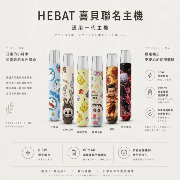 Hebat 喜貝 Labubu 聯名 一代通用主機｜潮流公仔高顏值潮流設計與金屬細膩觸感，搭載 8.5W 穩定輸出、380mAh 大電量與 Type-C 快充，完美適配一代通用煙彈