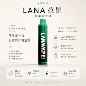 ChatGPT-Image-2026年8月23日-下午04_28_25.webp LANA ZOLT 8000口 拋棄式電子煙|具備 15ml 煙油與冰感水果系列清爽口感,採用 Mesh 網狀霧化芯爆發力強,配置可充電式設計