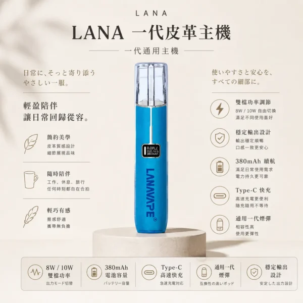 ChatGPT-Image-2026年8月23日-下午04_59_12.webp LANA 一代通用主機 皮革版|支援 8/10W 切換穩定輸出,搭載 380mAh 電池與 Type-C 快充,通用一代煙彈