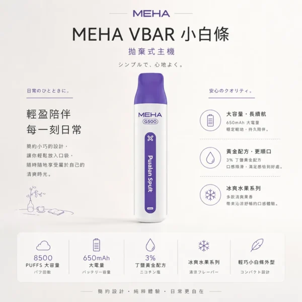 MEHA VBar 魅嗨 小白條 8500口 拋棄式電子煙｜具備 3% 尼古丁鹽黃金配方與冰爽水果系列清涼口感，採用 8500 口大容量規格，搭配 650mAh 大電量可充電設計