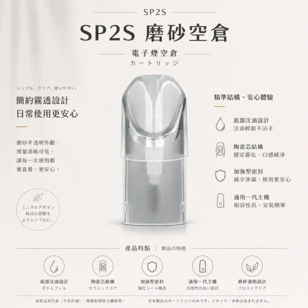 SP2S 磨砂透明 一代通用空倉｜磨砂透明設計看油方便，搭配底部注油超簡單與加強型密封極致防漏不滲油，內建陶瓷芯順滑擊喉，通用一代主機