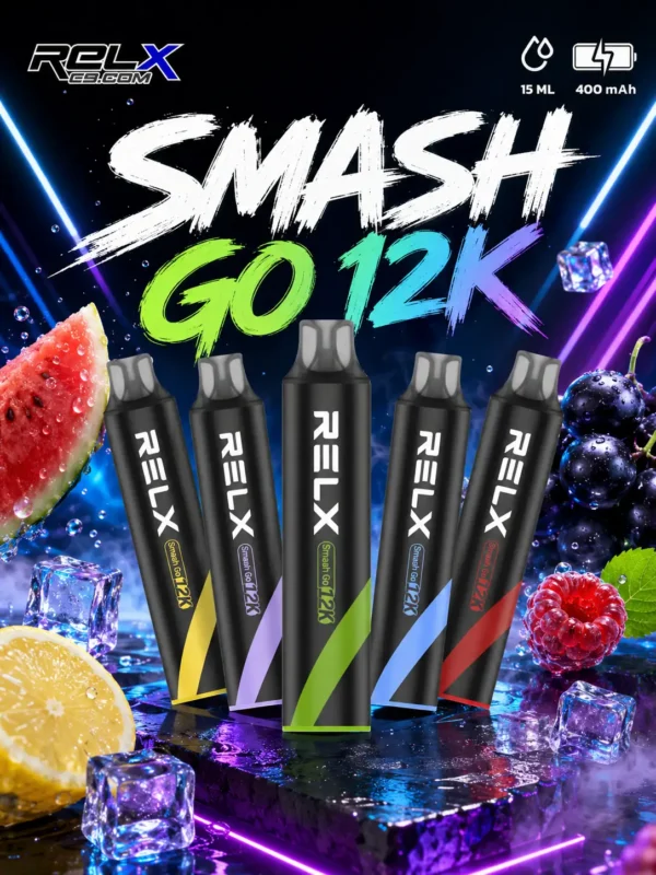 RELX Smash Go 12000口 拋棄式電子煙｜搭載獨家防乾燒技術與 400mAh 穩壓續航，具備 15ml 澎湃大容量與 3%~5% 尼古丁鹽爆爽擊喉感