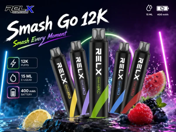 RELX Smash Go 12000口 拋棄式電子煙｜搭載獨家防乾燒技術與 400mAh 穩壓續航，具備 15ml 澎湃大容量與 3%~5% 尼古丁鹽爆爽擊喉感