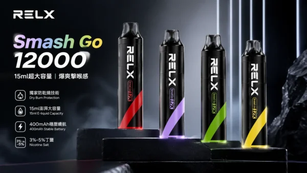 RELX Smash Go 12000口 拋棄式電子煙｜搭載獨家防乾燒技術與 400mAh 穩壓續航，具備 15ml 澎湃大容量與 3%~5% 尼古丁鹽爆爽擊喉感