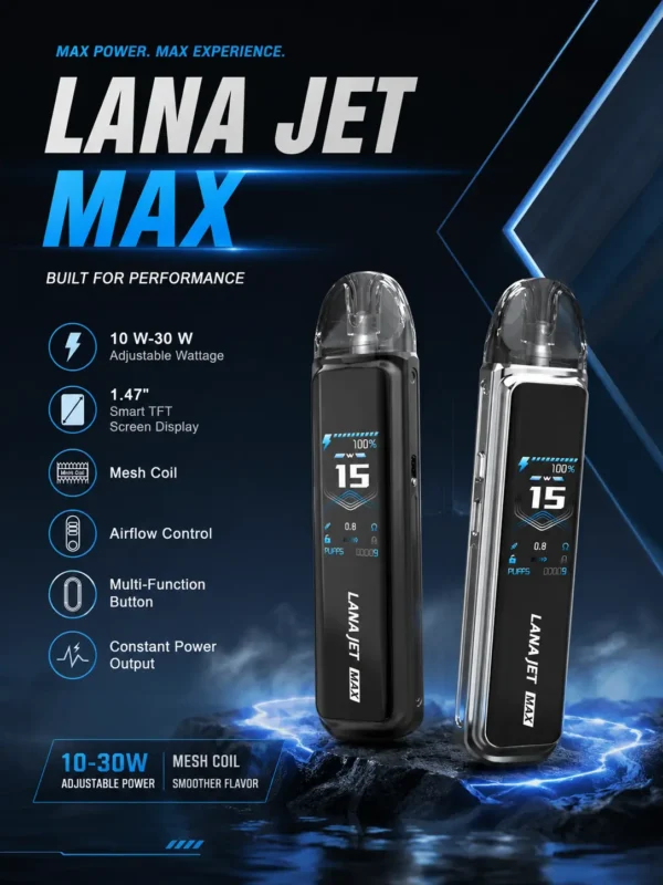 【買1贈煙油】LANA / ILIA-JETMAX 聯名 側注油主機套裝｜配備 1.47 吋彩色大螢幕與 1200mAh 戰鬥續航，結合可調氣流系統與側注油設計，通用小煙煙油