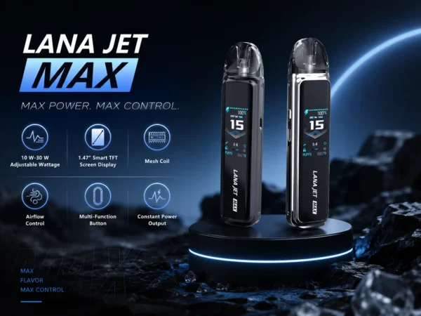 【買1贈煙油】LANA / ILIA-JETMAX 聯名 側注油主機套裝｜配備 1.47 吋彩色大螢幕與 1200mAh 戰鬥續航，結合可調氣流系統與側注油設計，通用小煙煙油