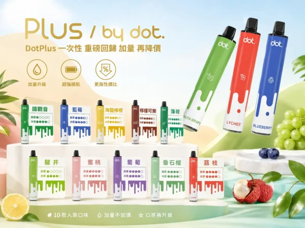 DOT PLUS 佩特里 8000口 拋棄式電子煙｜具備冰感水果系列清爽口感與 Mesh 網狀霧化芯穩定輸出，採用 8000 口大容量，搭配可充電式拋棄式設計