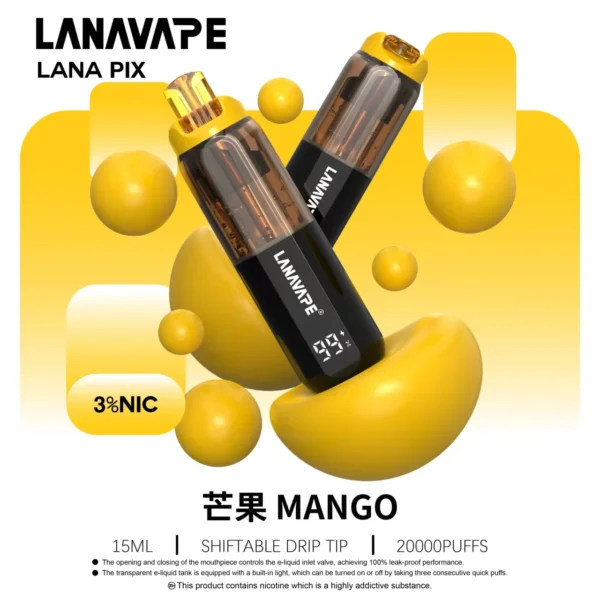 LANA-PIX-閃光彈-一次性20000口-芒果.webp LANA PIX 閃光彈 20000口拋棄式電子煙|可摺疊式吸嘴,配備 15ml儲油、850mAh電池與 Mesh網芯