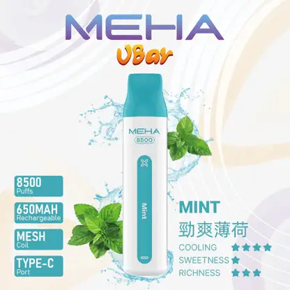 MEHA VBar 魅嗨 小白條 8500口 拋棄式電子煙｜具備 3% 尼古丁鹽黃金配方與冰爽水果系列清涼口感，採用 8500 口大容量規格，搭配 650mAh 大電量可充電設計