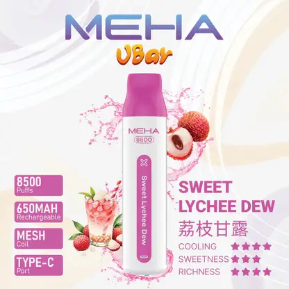 MEHA VBar 魅嗨 小白條 8500口 拋棄式電子煙｜具備 3% 尼古丁鹽黃金配方與冰爽水果系列清涼口感，採用 8500 口大容量規格，搭配 650mAh 大電量可充電設計