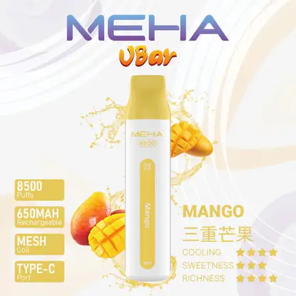 MEHA VBar 魅嗨 小白條 8500口 拋棄式電子煙｜具備 3% 尼古丁鹽黃金配方與冰爽水果系列清涼口感，採用 8500 口大容量規格，搭配 650mAh 大電量可充電設計