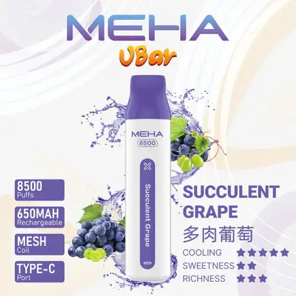 MEHA VBar 魅嗨 小白條 8500口 拋棄式電子煙｜具備 3% 尼古丁鹽黃金配方與冰爽水果系列清涼口感，採用 8500 口大容量規格，搭配 650mAh 大電量可充電設計