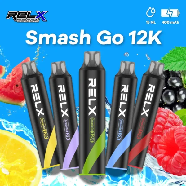 RELX Smash Go 12000口 拋棄式電子煙｜搭載獨家防乾燒技術與 400mAh 穩壓續航，具備 15ml 澎湃大容量與 3%~5% 尼古丁鹽爆爽擊喉感